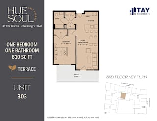 A floor plan for a 303 unit apartment building with a bedroom, living room, and bathroom.
