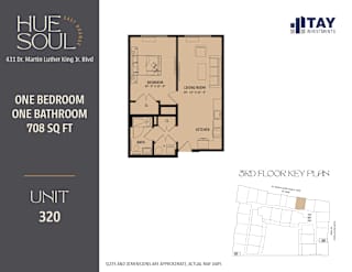 A floor plan for a 708 square foot apartment with one bedroom and one bathroom.
