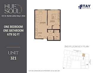 A floor plan for a one bedroom, one bathroom apartment at Hue of Soul apartments.