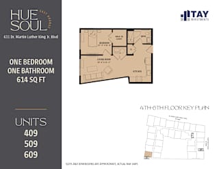 A floor plan for a 614 square foot apartment with one bedroom and one bathroom is shown.