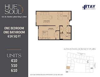 A floor plan for a 610 square foot apartment with one bedroom and one bathroom.