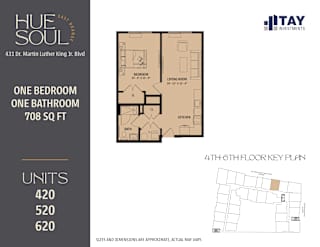 A floor plan for a one bedroom, one bathroom apartment at Hue Soul apartments.