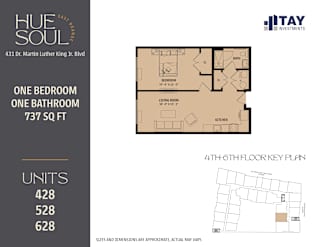 A floor plan for a one bedroom, one bathroom apartment at Hue Soul apartments.