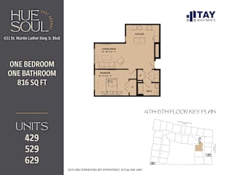 A floor plan for a one bedroom, one bathroom apartment at Hue Soul apartments.