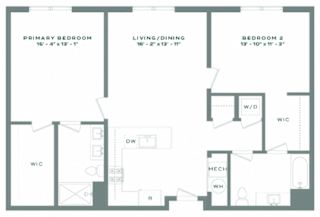 A floor plan of a home with a primary bedroom, living/dining area, and two additional bedrooms.