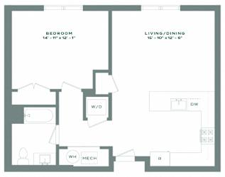 A floor plan of a bedroom and living/dining area with dimensions.