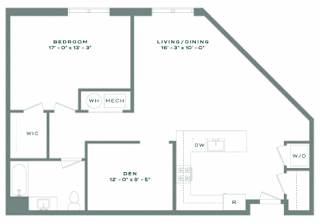 A floor plan of a home with a living room, dining room, bedroom, and bathroom.