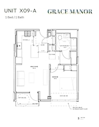 A floor plan for a 1 Bed/1 Bath unit at Grace Manor.