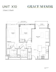 A floor plan for a 2 bedroom, 2 bathroom unit at Grace Manor.