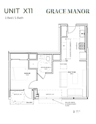 A floor plan for a unit at Grace Manor, showing a bedroom, bathroom, and great room.