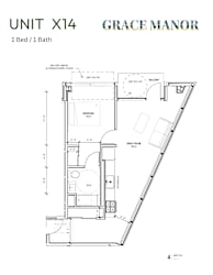 A floor plan for a unit with one bed and one bath.