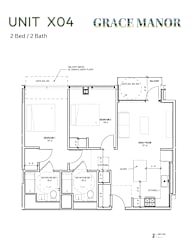 A floor plan for a 2 bedroom, 2 bathroom unit at Grace Manor.