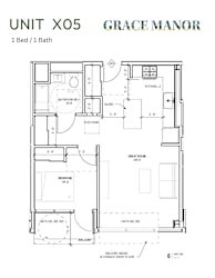 A floor plan for a 1 bedroom unit at Grace Manor.