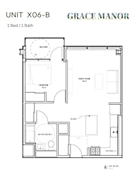 A floor plan for a 1 Bed/1 Bath unit at Grace Manor.