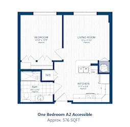 A floor plan of a one bedroom apartment with a bathroom, living room, and kitchen.