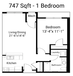 A floor plan of a 1 bedroom apartment sized at 747 square feet.