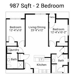 A floor plan of a 987 square foot 2 bedroom apartment.