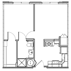 A black and white drawing of a floor plan with various rooms and objects.
