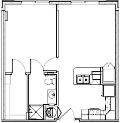 A black and white drawing of a floor plan with various rooms and objects.