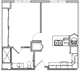 A black and white drawing of a floor plan with various rooms and objects.