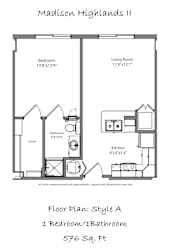 A floor plan for a one bedroom, one bathroom apartment at Madison Highlands Senior Apartments.