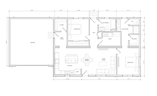 A floor plan of a house with a garage, living room, kitchen, and two bedrooms.