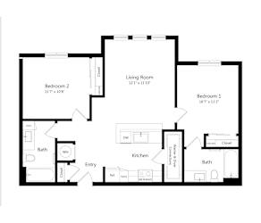 A black and white image of a floor plan for a house with two bedrooms, a living room, a kitchen, a bathroom, and an entry.