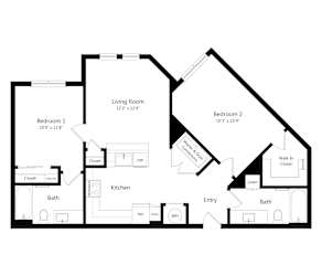 A black and white image of a house floor plan with two bedrooms, a living room, a kitchen, a bathroom, and an entry.