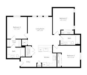 A black and white image of a floor plan for a home with three bedrooms, a living room, a kitchen, and a bathroom.