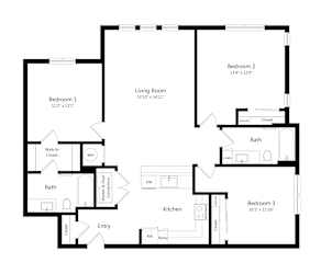 A black and white image of a floor plan for a home with three bedrooms, a living room, a kitchen, a bath, and an entry.