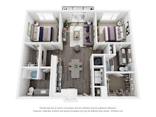 A 3D floor plan of a small apartment with a kitchen, living room, and two bedrooms.