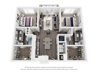 A 3D floor plan of a house with a kitchen, living room, and two bedrooms.