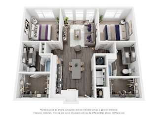 A 3D floor plan of a house with a kitchen, living room, and bedrooms.