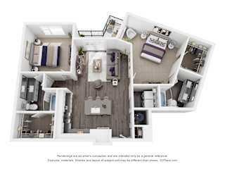 A 3D floor plan of a house with a kitchen, living room, and bedrooms.