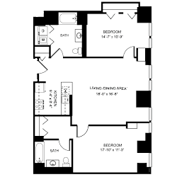2 bed 2 bath 2 bed 2 bath Sycamore Floor Plan at Hartford 21, Hartford, Connecticut