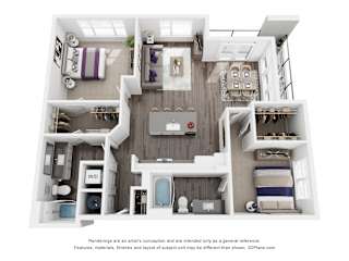 A 3D floor plan of a house with a kitchen, living room, and bathrooms.