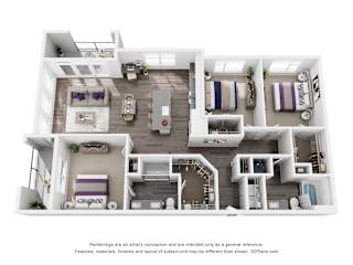 A 3D floor plan of a house with a living room, kitchen, and two bedrooms.