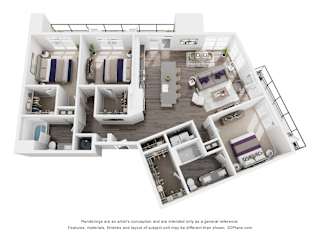 A 3D floor plan of a house with a kitchen, living room, and two bedrooms.