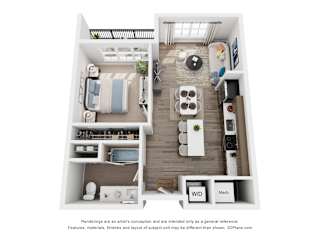 A 3D floor plan of a 1 bedroom apartment with a kitchen, living room, and bedroom.