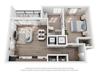 A 3D floor plan of a one bedroom apartment with a kitchen, living room, and bedroom.