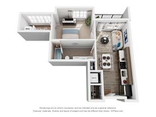 A 3D floor plan of a 1-bedroom apartment with a kitchen and living room