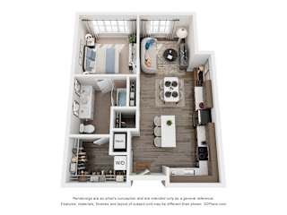 A 3D floor plan of a 1-bedroom apartment with a kitchen, living room, and bedroom.