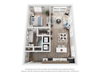 A 3D floor plan of a 1 bedroom apartment with a kitchen, living room, and bathroom.