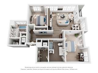 A 3D floor plan of a 2 bedroom apartment with a kitchen, living room, bedrooms and bathrooms.