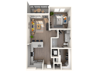 A 3D floor plan view of the A1 Floorplan at The District at Rosemary
