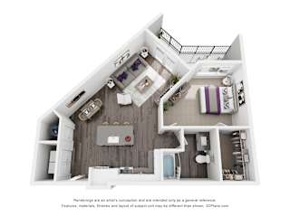 A 3D floor plan of a house with a kitchen, living room, and bathroom.