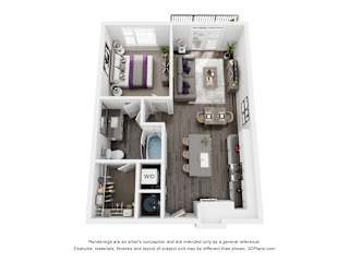A 3D floor plan of a small apartment with a kitchen, living room, and bathroom.