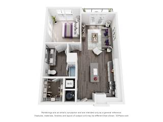 A 3D floor plan of a small apartment with a bedroom, bathroom, and kitchen.