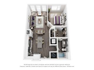 A 3D floor plan of a small apartment with a kitchen, living room, and bathroom.