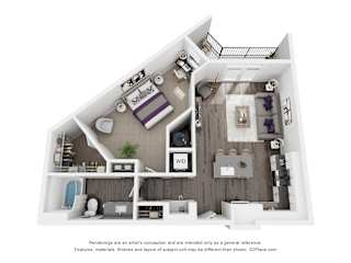 A 3D floor plan of a house with a kitchen, living room, and bedrooms.
